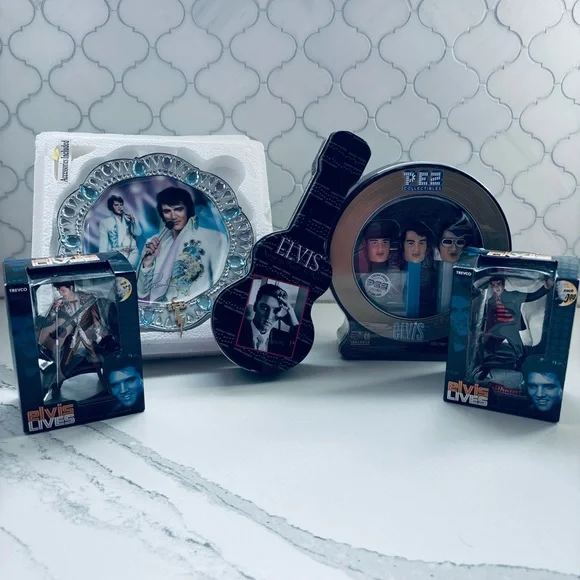 Elvis Bundle: Pez Tin, Jewel of Vegas Plate, 2 Ornaments, Tin - Picture 1 of 11